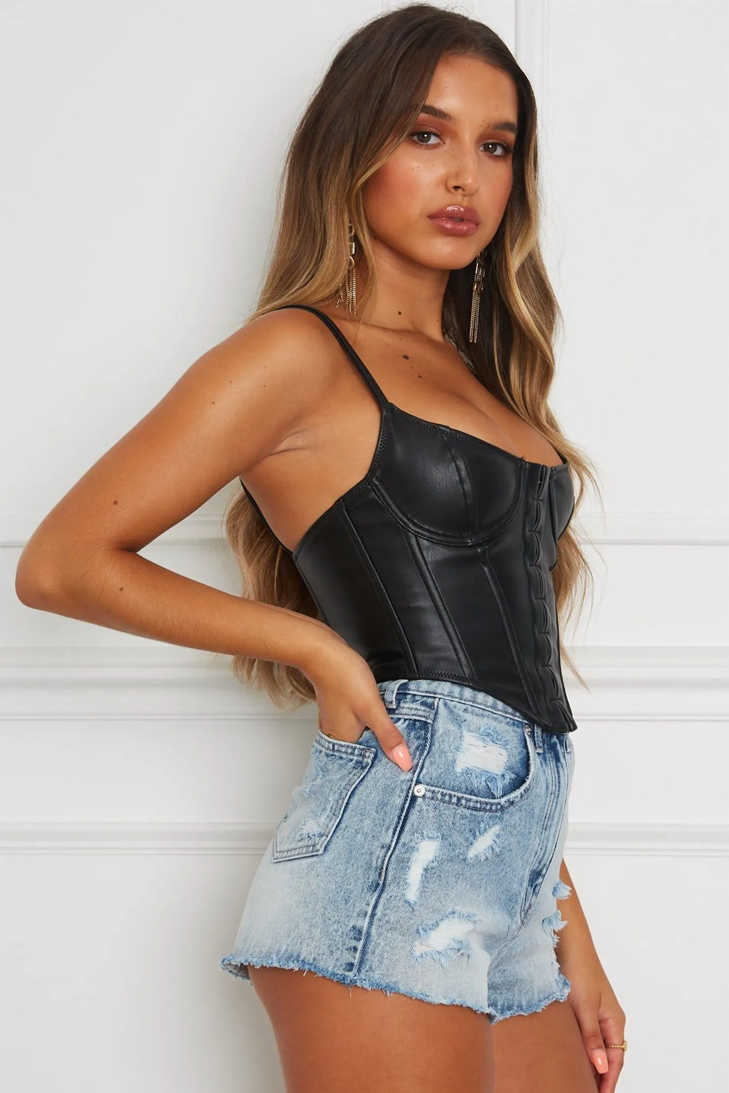 Black Faux Leather Busk Bustier Top