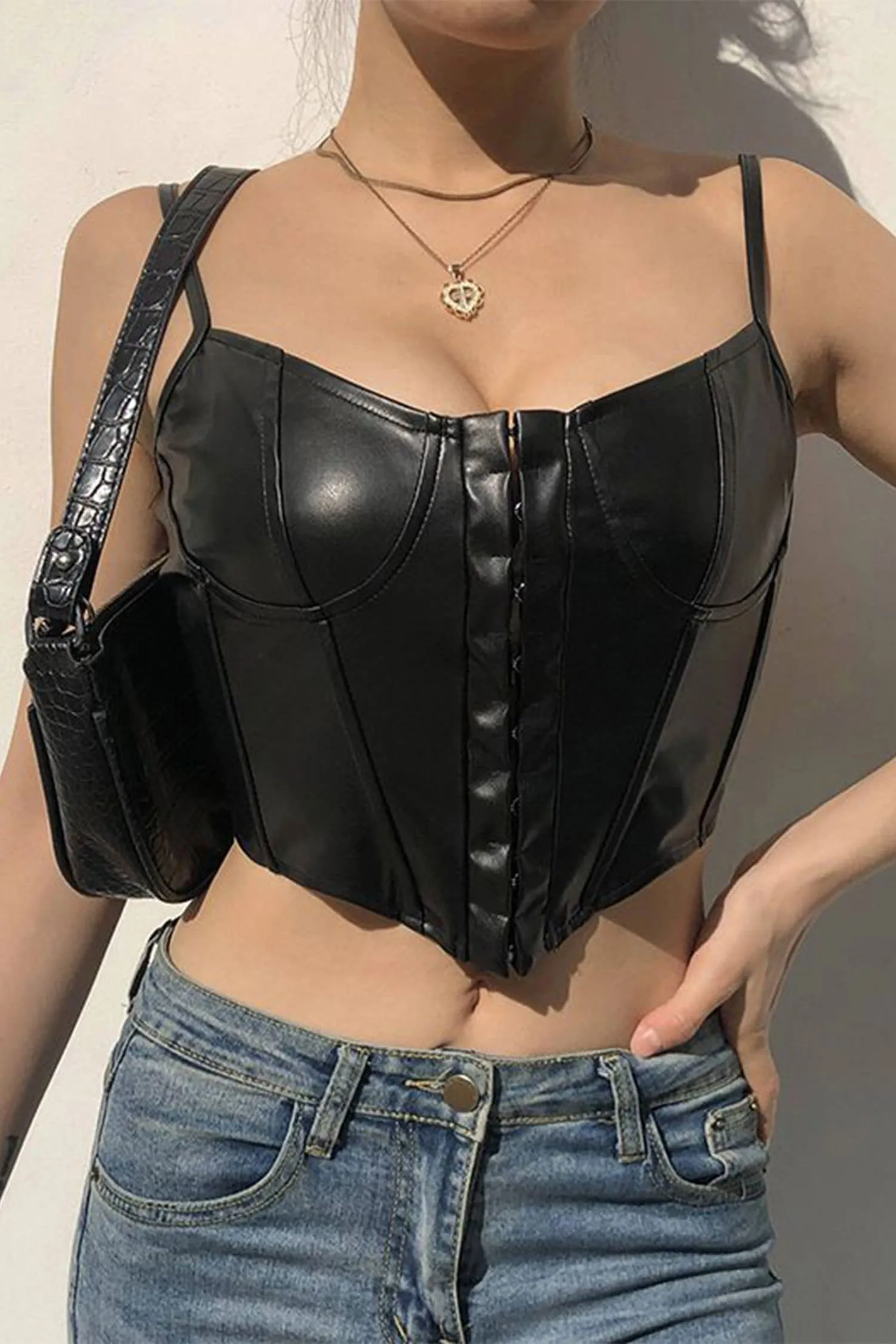 Black Faux Leather Busk Bustier Top