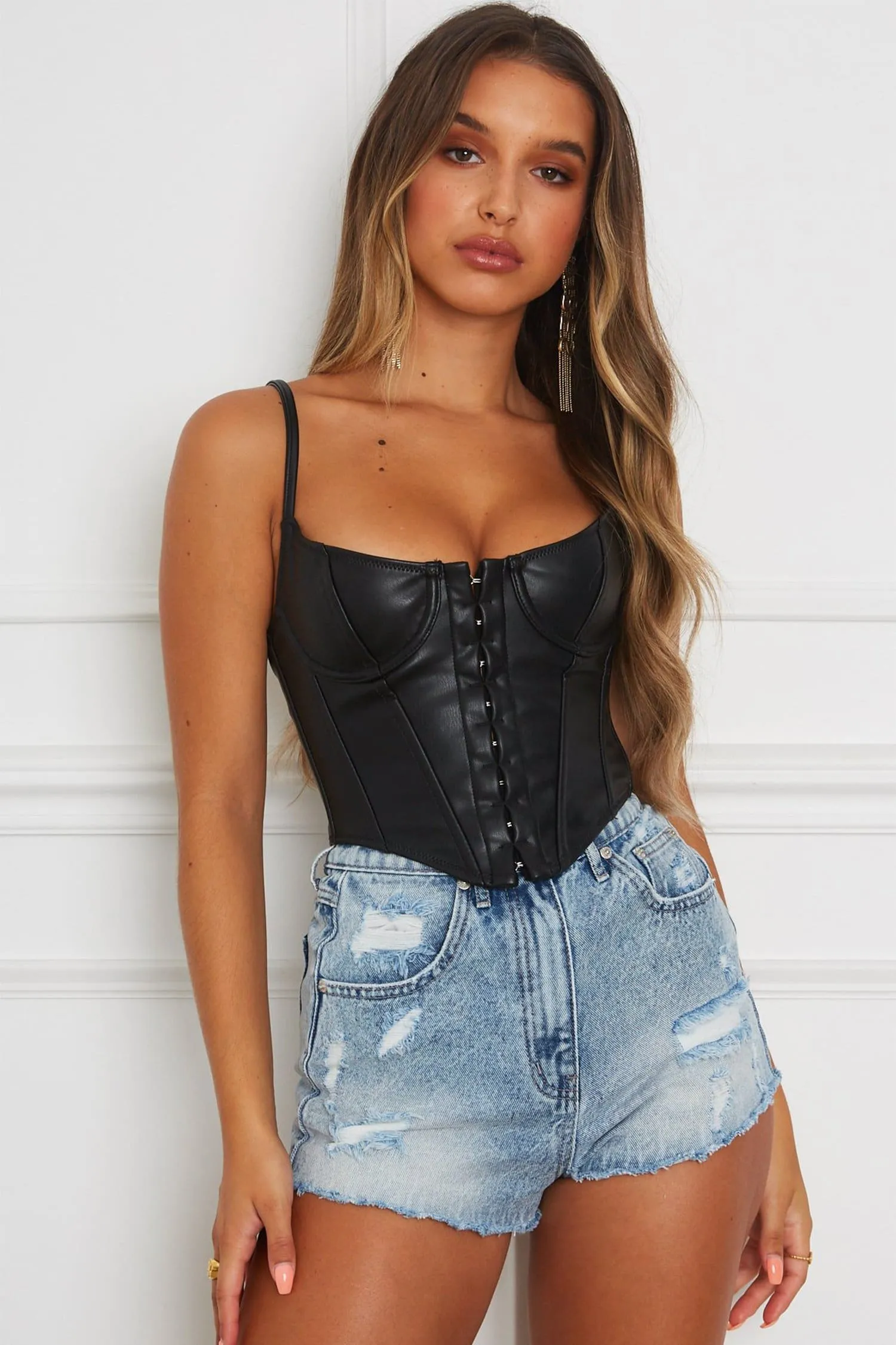 Black Faux Leather Busk Bustier Top