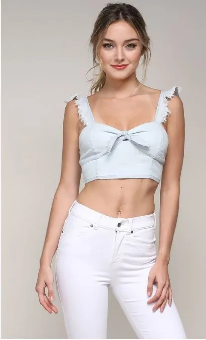 Denim Bustier Flutter Sleeve Crop Top