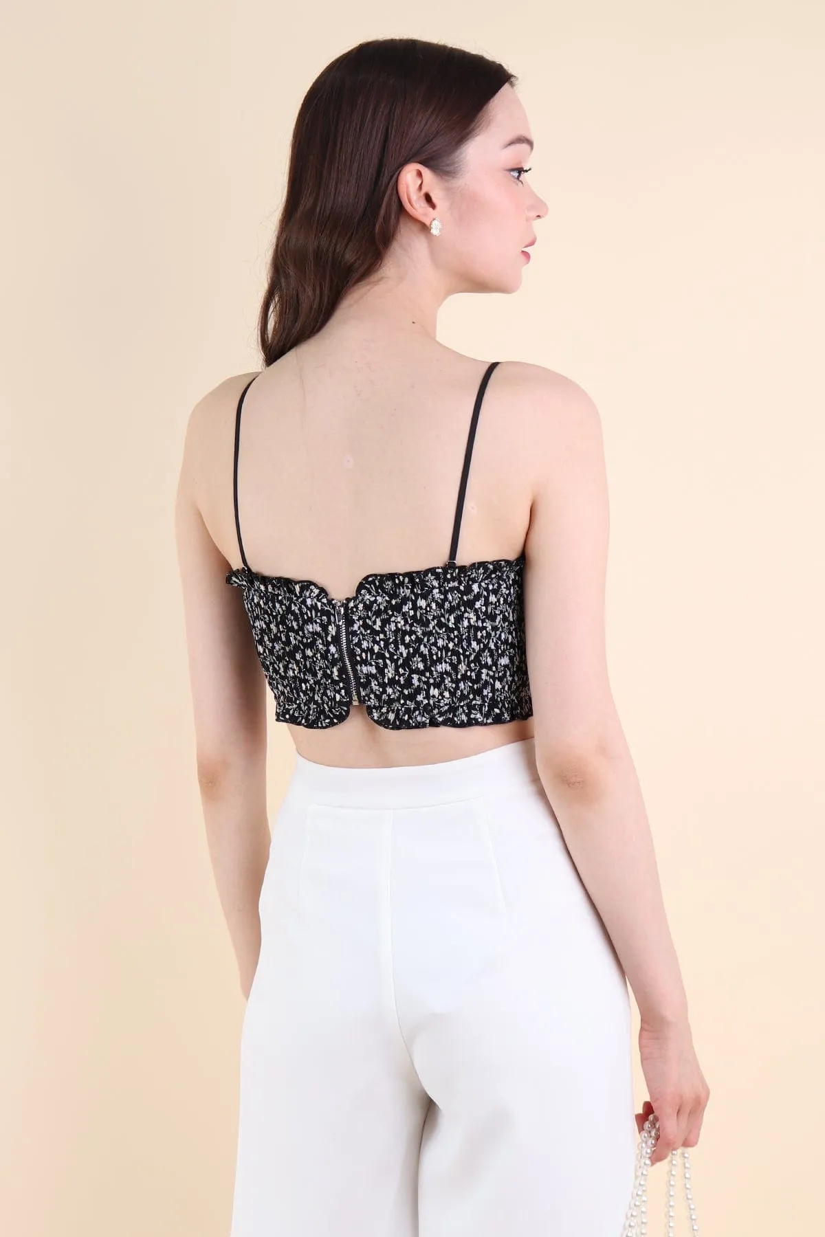 FREESIA FLORAL PLEATED BUSTIER TOP IN BLACK