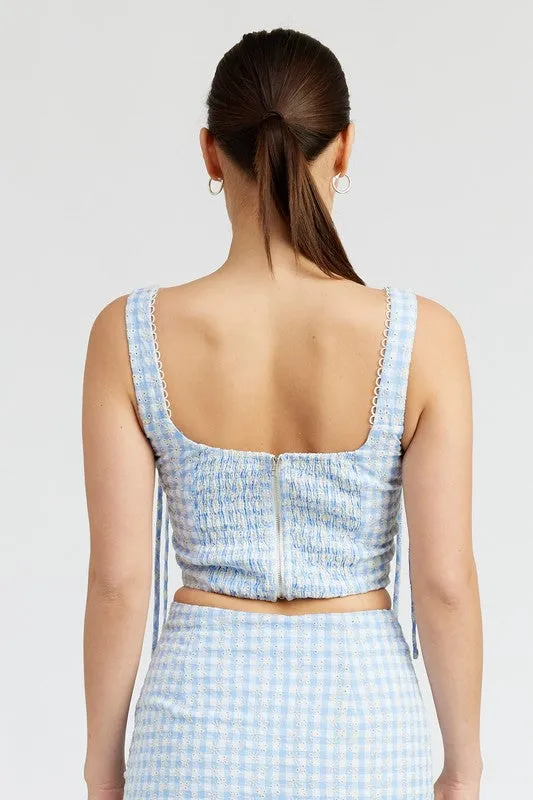 GINGHAM BUSTIER TOP WITH SMOCKED BACK