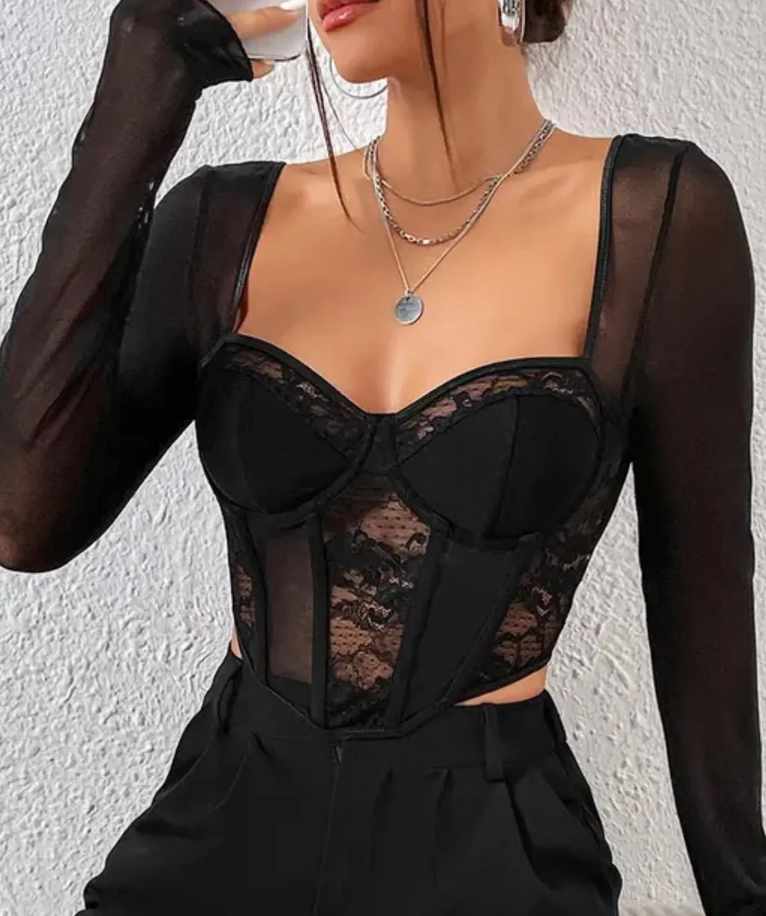 Lace and mesh underwire bustier top