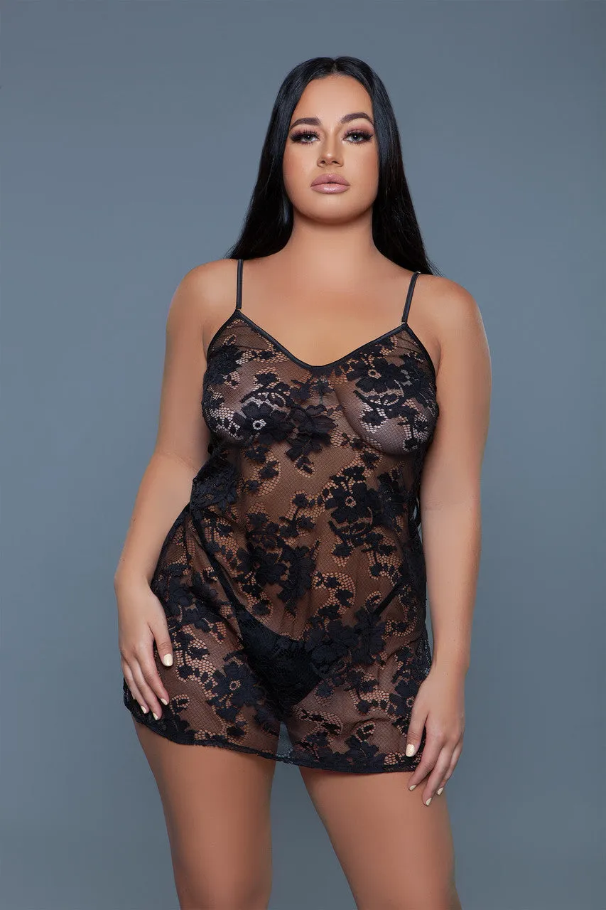 Mini-length Chemise with Floral Lace